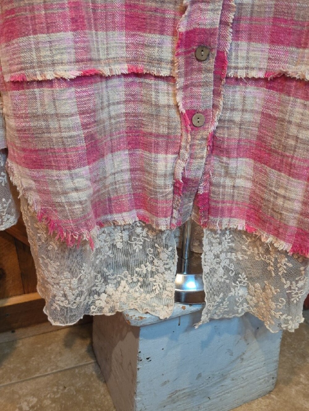 100p Oli & Hali Pink and Cream Plaid Button-Up  with Lace Trim - Picture 5 of 15